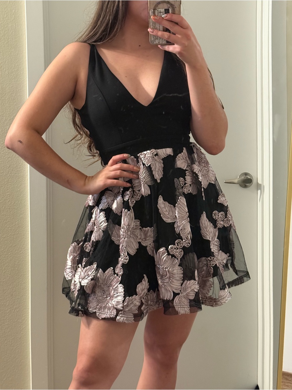 a'gaci Black Mini Dress with Silver Floral Embroidery